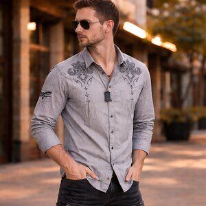 Affliction Black Premium Y2K Embroidered Button Up Shirt Mens XL Gothic Grunge